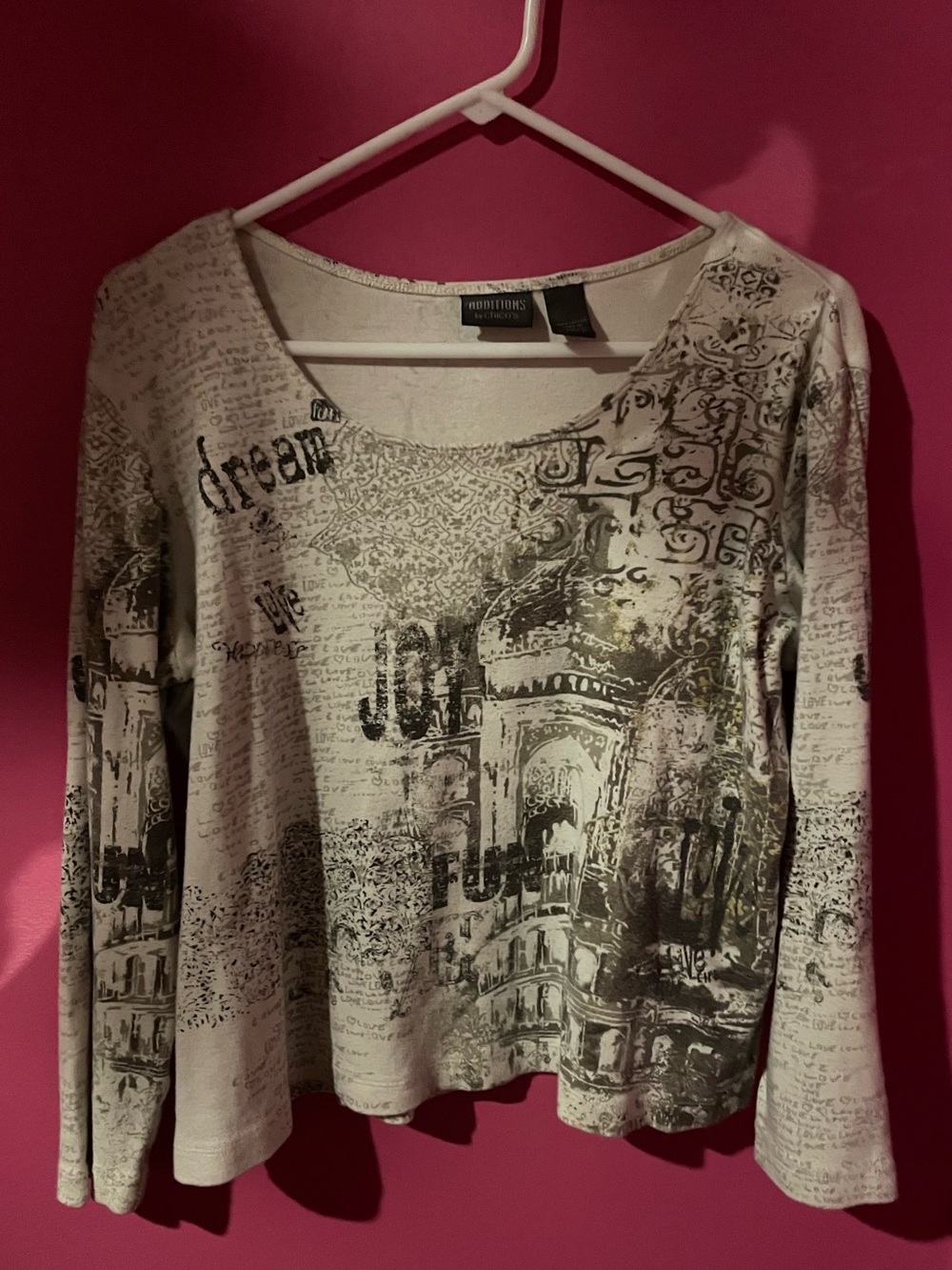 Textured Graphic Long Sleeve Top in Cream and Black Additions By Chico's